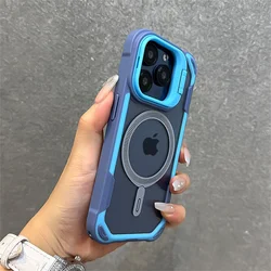 Luxury Contrast Color Magnetic Phone Case with Folding Lens Holder and Magsafe Compatibility - iPhone 14 (Blue)