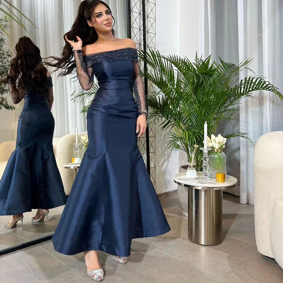 Elegantes Marineblaues Meerjungfrau-Glitzer-Abendkleid mit Langen Ärmeln 2026 Schulterfreies Satin-Knöchellanges Damen-Party- und Ballkleid – Detail 6