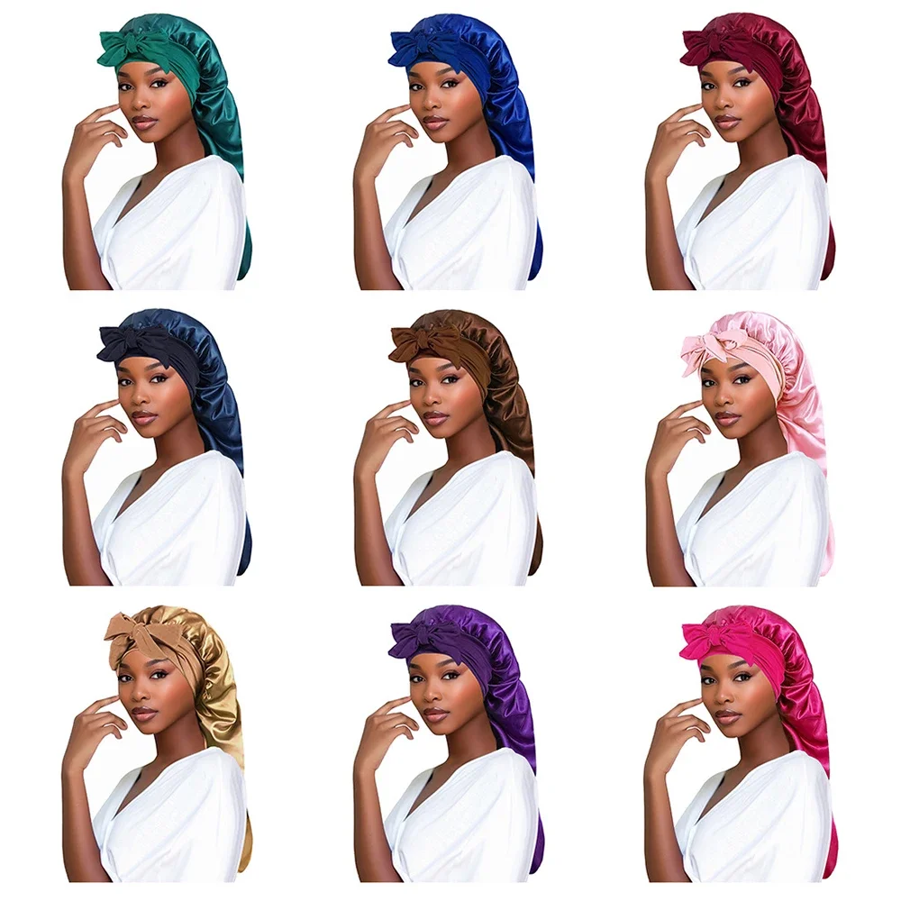 Women Bonnet Satin Sleeping Hat Long Tail Braid Hair Night Sleep Cap Head Cover Bonnets Shower Caps for Sauna Bathing Bonnet 4