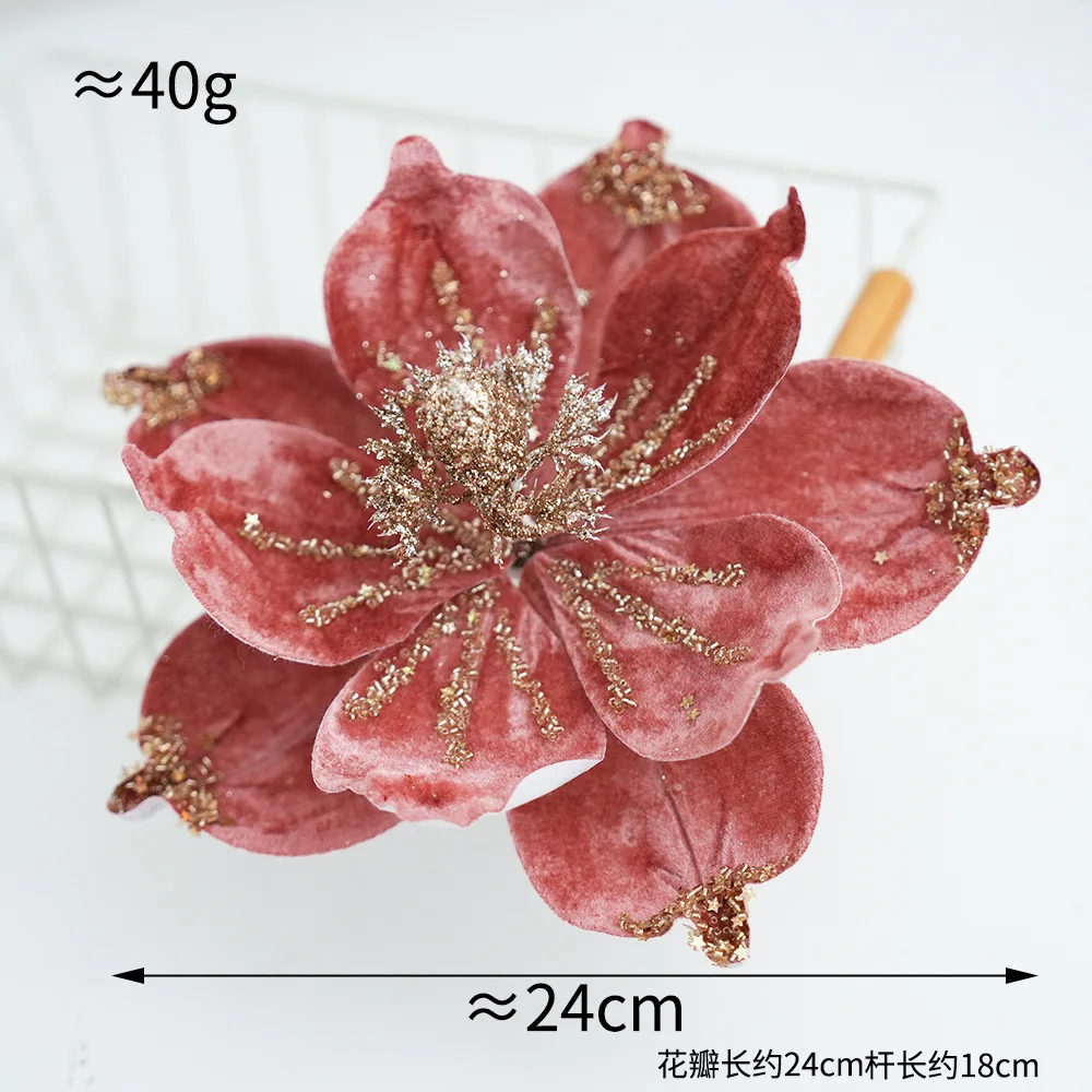 24cm Large Glitter Christmas Flowers Simulation Sequin Floral Xmas Tree Decor Cloth Flowers 2025 Christmas Navidad Party Decor