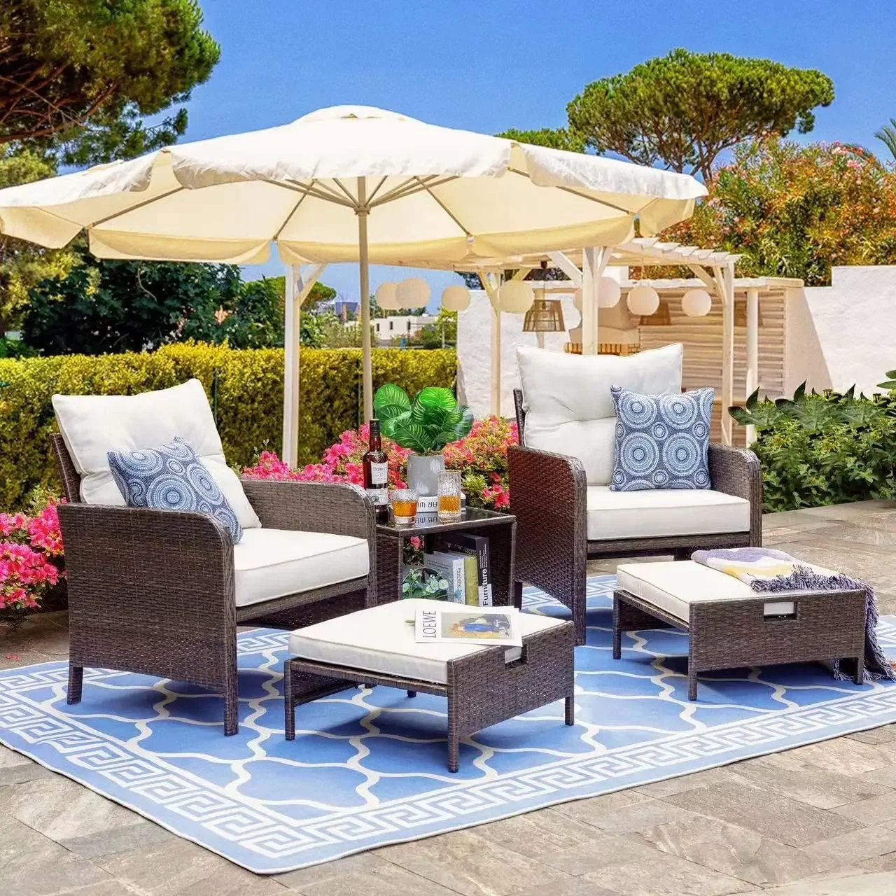 

5 Pieces Outdoor Furniture Set,Set with Cushioned Patio Lounge Chairs,Ottoman Underneath Set, Table for Lawn,Pool, Balcony