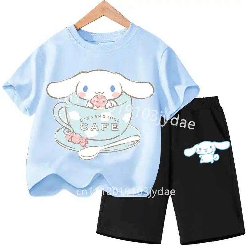 Cute Cartoon Cinnamoroll Printed Kids T-Shirt Set Soft Comfortable Summer Casual Clothing for 2-12 Year Boys Girls Shirt Suit