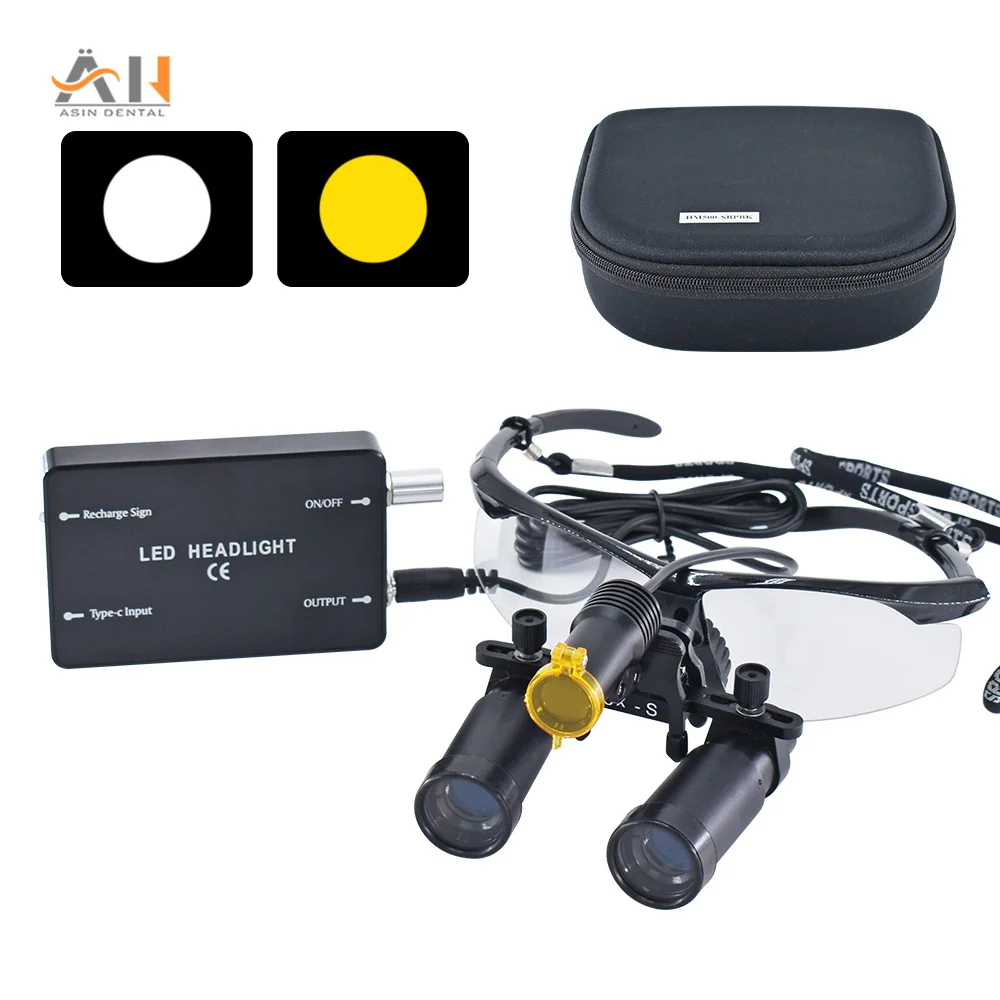 의료용 확대경, 노란색 필터가 있는 쌍안 확대경, 5W LED 치과 헤드라이트, 수술 헤드램프, 4X 5X 6X 8X