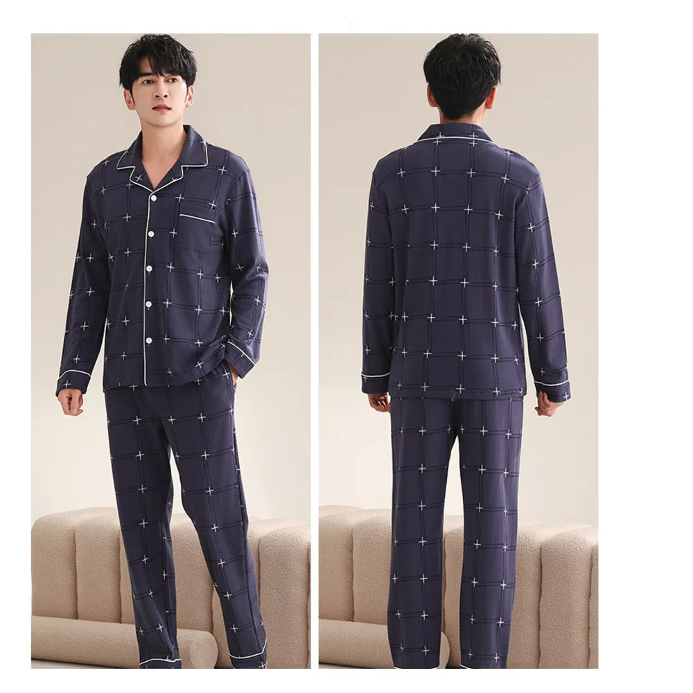 Spring/Autumn 2024 New Cotton Long Sleeve Autumn/Winter Men's Sleepwear Large Home Furnishing Set_voghion.com