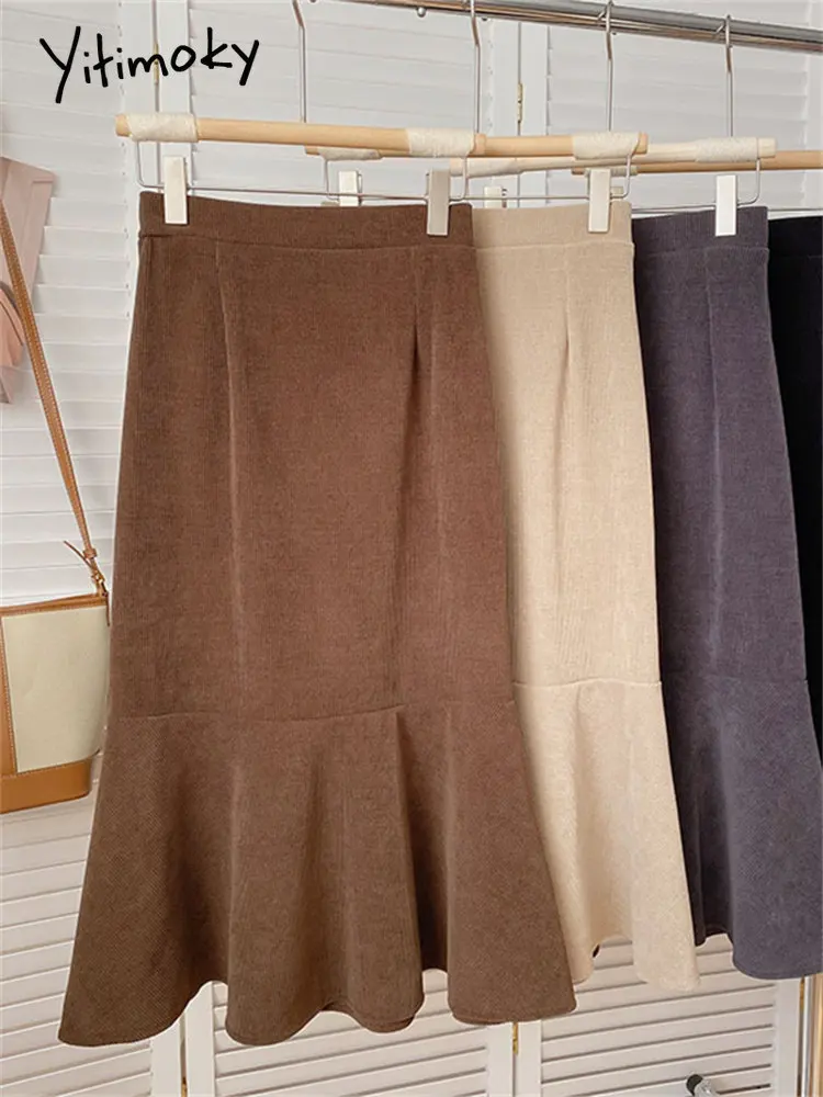 Yitimoky Ruffles Corduroy Skirts For Women Fall Winter 2022 New High