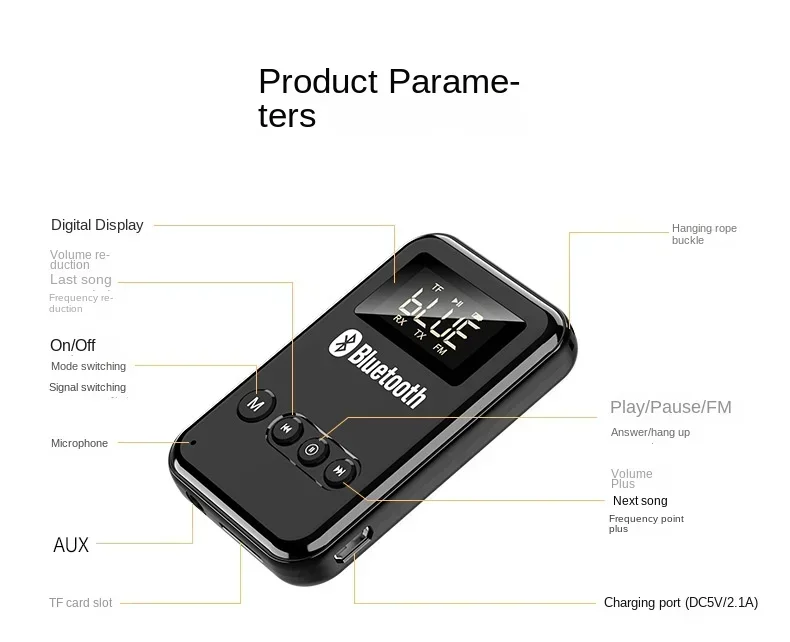 Description Picture 3 of itemBluetooth 5.0 LED Adapter for Car Music Headphones and Speakers, Wireless Audio Transmitter and Receiver, 300 MAh TF FM Card