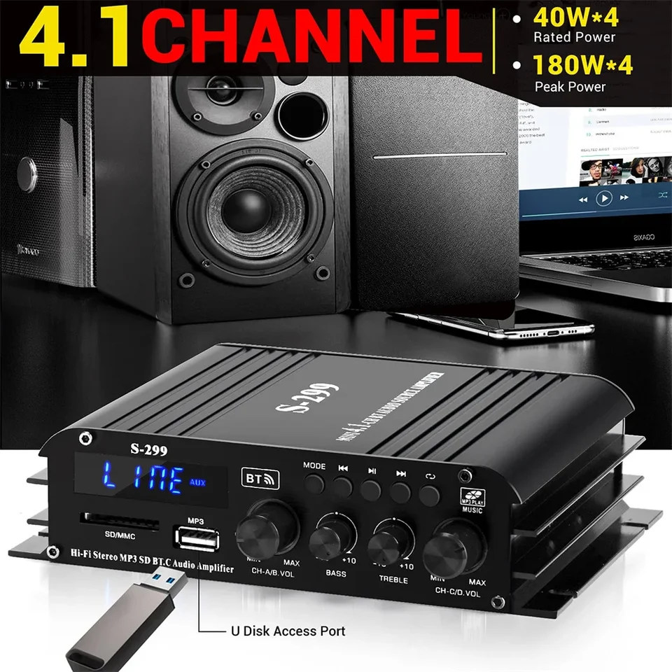 4*40W 4.1 Channel Power Amplifier Audio Home Theater Amplifier Bluetooth Draadloze Versterker Usb Sd Aux Afstandsbediening S 299 Amp