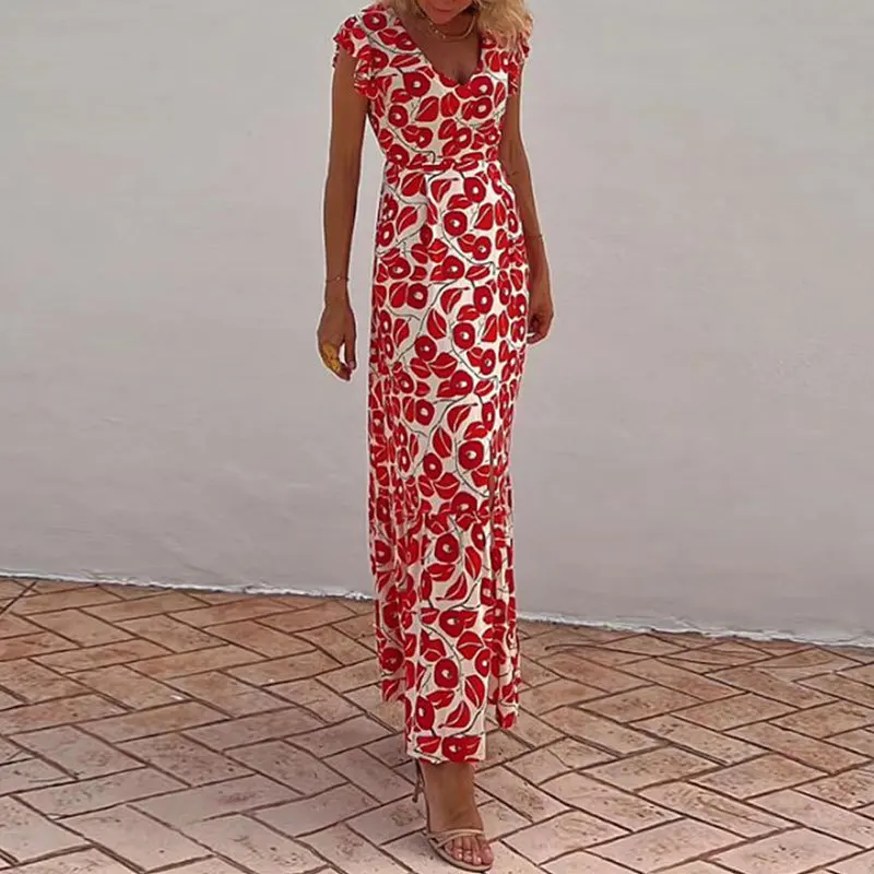 

Women Fashion Floral Print Long Maxi Dress Spring Sexy Deep V-neck High Waist Party Dress Summer Butterfly Sleeve Bohemain Dress