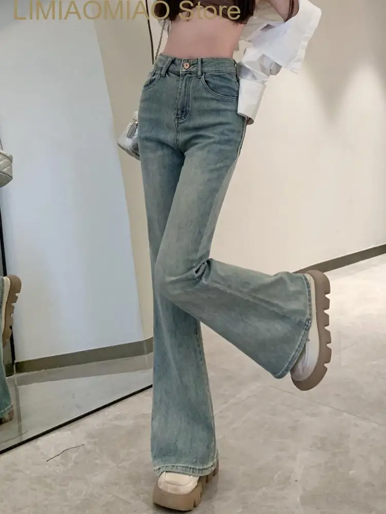 New Summer Bule Elegant Jeans Women High Waist France Designer Flare Pants Female Korean Fashion Denim Pants