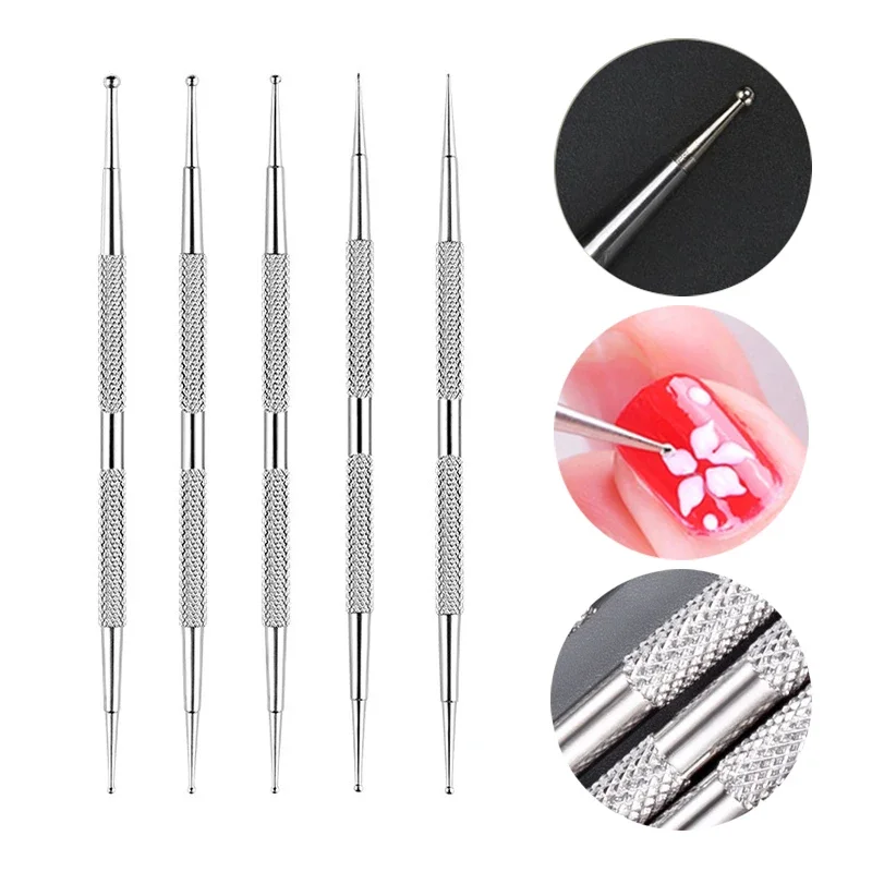 Nail Art Dotting Pen 5Pcs Dual End Stainless Steel Design Painting Picking Dot Rhinestones Crystal Gems Acrylic Manicure Tools