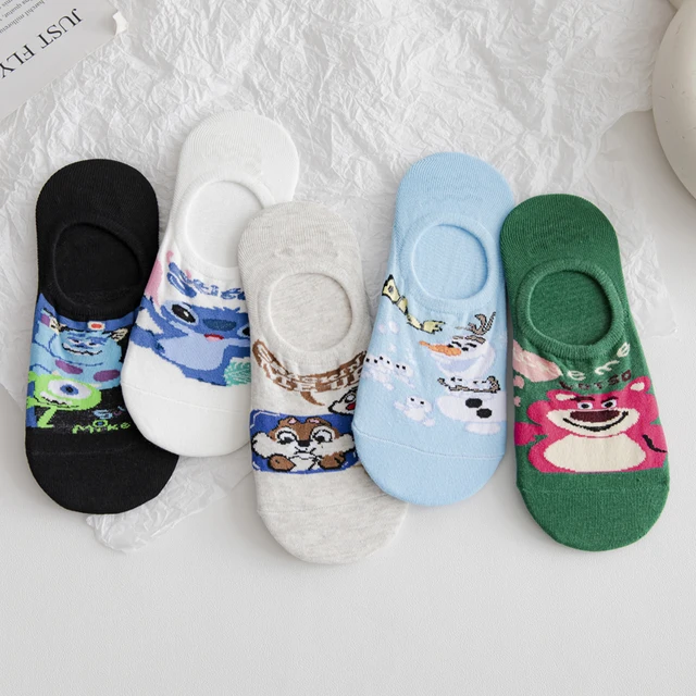 5 pairs Hot sale Cartoon Kawaii woman sock Mickey Minnie Donald winnie Daisy cotton girl slipper sock Funny invisible ankle sock Ivory