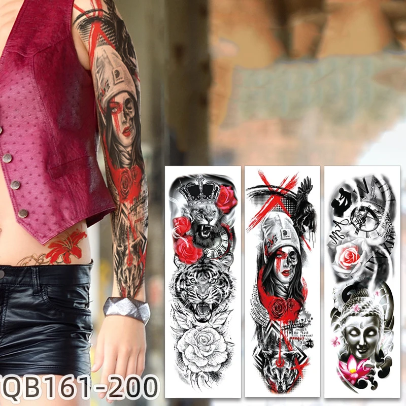 Temporary Tattoos Sleeve Realistic Fake Tattoo Warrior Lion Tiger Flower Full Arm Tattoo Sticker Black Totem Maori For Men Women