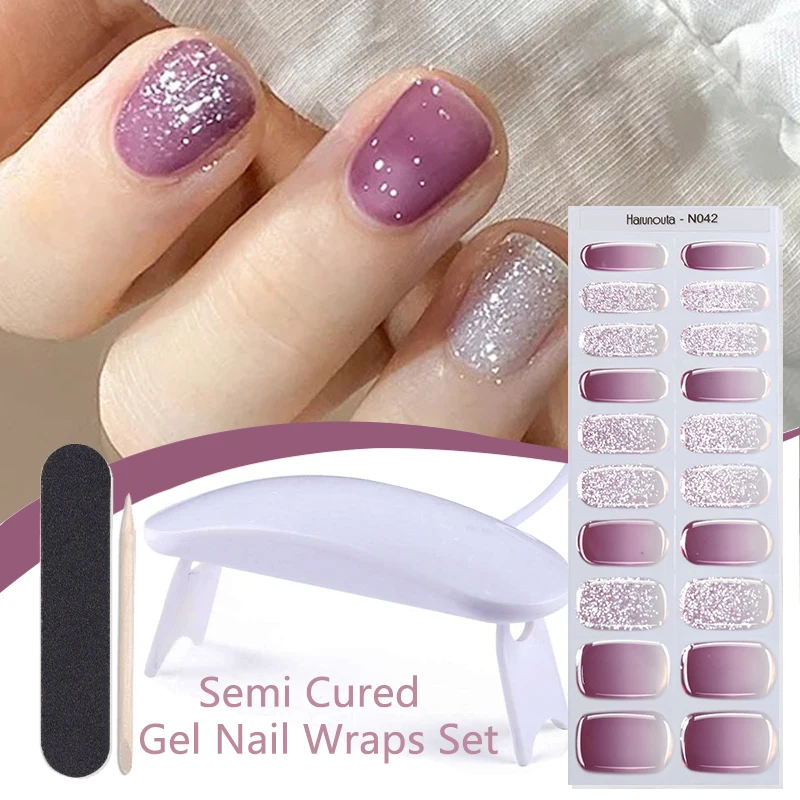 Harunouta Gradient Jelly Semi Cured Gel Nail Strips Nail Lamp Nude Pink Waterproof Stickers Long Lasting Wrap 4pcs/set nail stickers nail decals