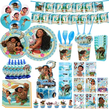 Decoración de cumpleaños de Disney Moana, vajilla, taza, plato, telón de fondo, Kit de pancarta, tema de Vaiana Moana, decoración de fiesta feliz, juego de suministros de globos