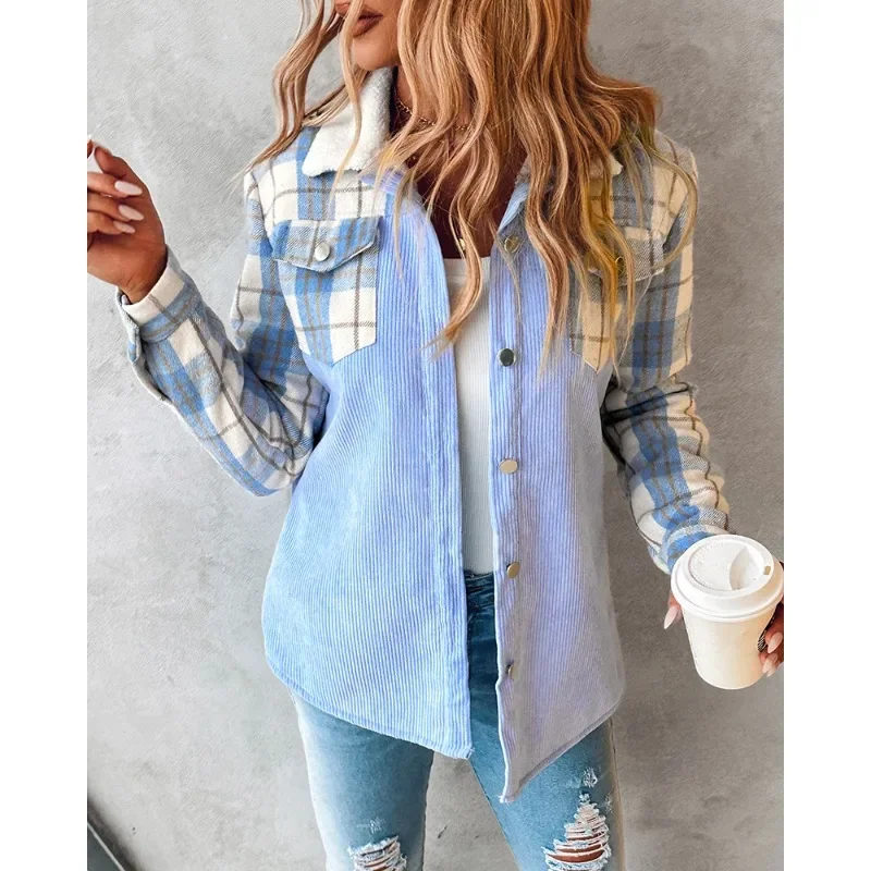 

Y2K Chic Elegant Women Long Sleeve Plush Collar Pocket Jacket Outwear Colorblock Plaid Print Corduroy Lined Shacket Shirt Coat