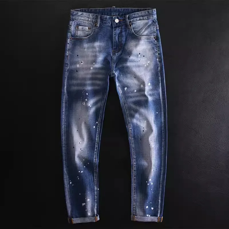Fashion Streetwear Men Jeans Retro Washed Blue Stretch Slim Fit Ripped Jeans Men Painted Designer Vintage Denim Pants Hombre