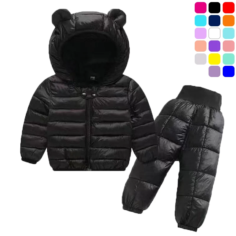 Toddler winter kids clothing set warm faux down jacket pants overalls