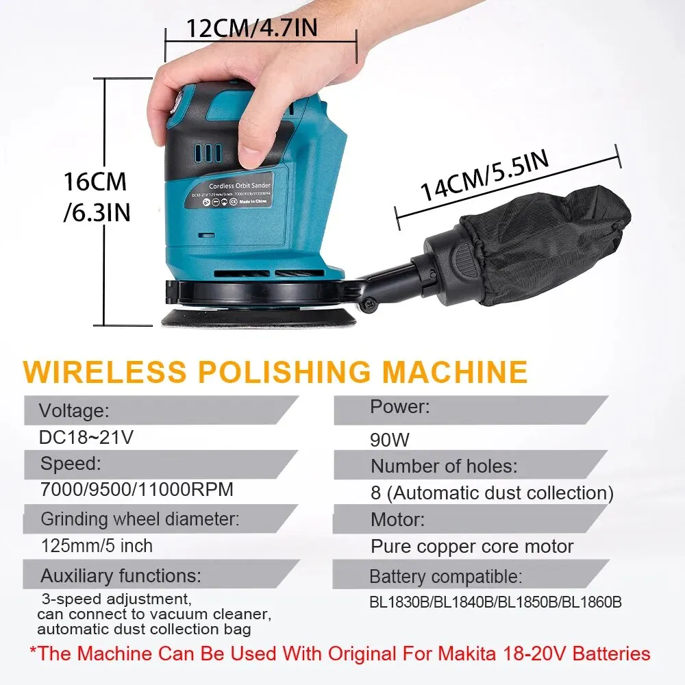 125mm Electric Sander 90W 3 Speeds Cordless Wood Grinder Polishing Grinding Machine Tool 8 Hole Sandpaper For Makita 18V Battery 4