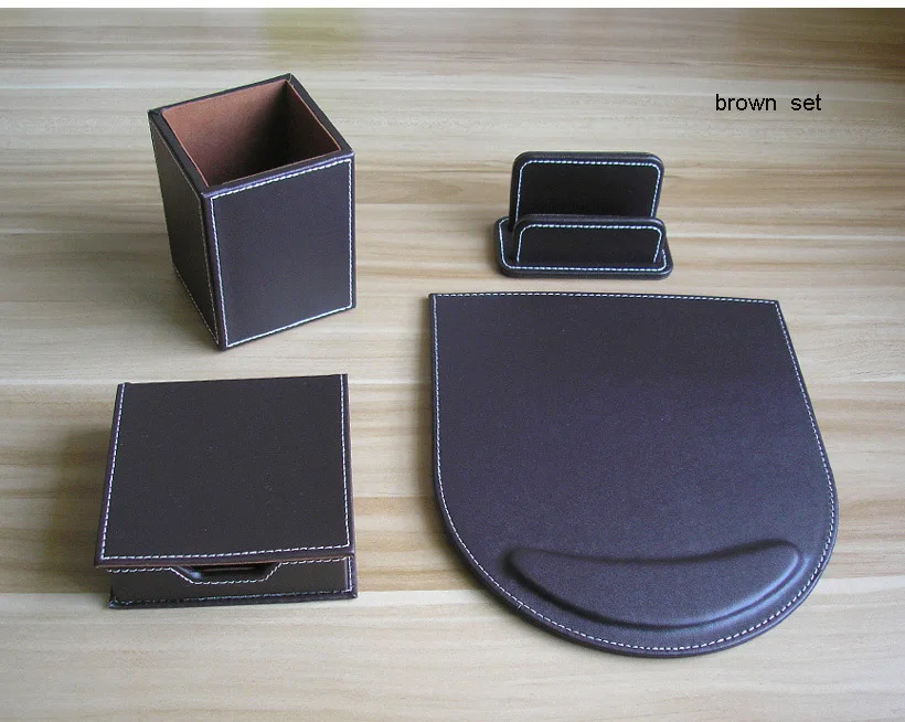 6PCS /set wooden leather office desk stationery organizer pen holder pen case file holder stand desk accessroies set K207A
