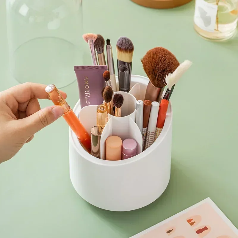 Multifunction 360&deg; Rotating Pen Holder Pencil Makeup Brush Bucket Dust-proof Cosmetic Storage Box Compartment Desktop Organizer