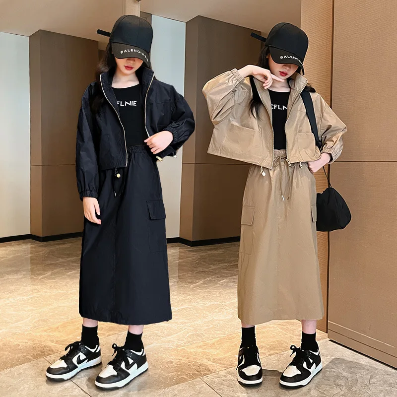 

Teenage Girls Clothes Skirt Sets Zipper Stand Collar Short Tops and Cargo Skirt Casual Two-piece Set Spring Autumn Streetwear