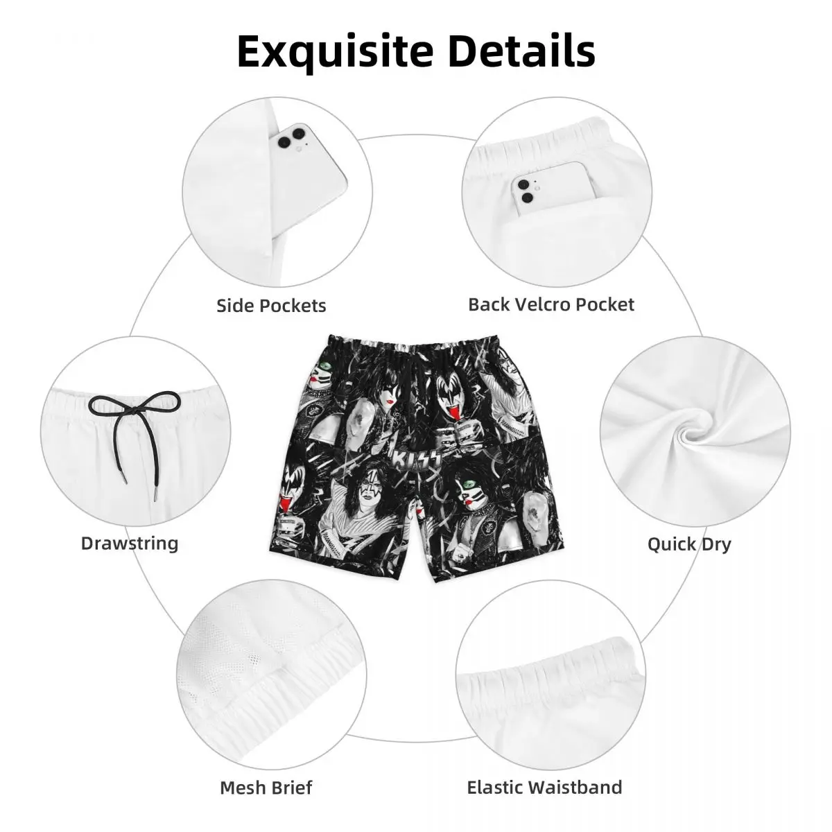 Bathing Suit Kiss Band Board Shorts Summer Rock Band Hawaii Board Short Pants Males Pattern Sportswear Fast Dry Swim Trunks 5