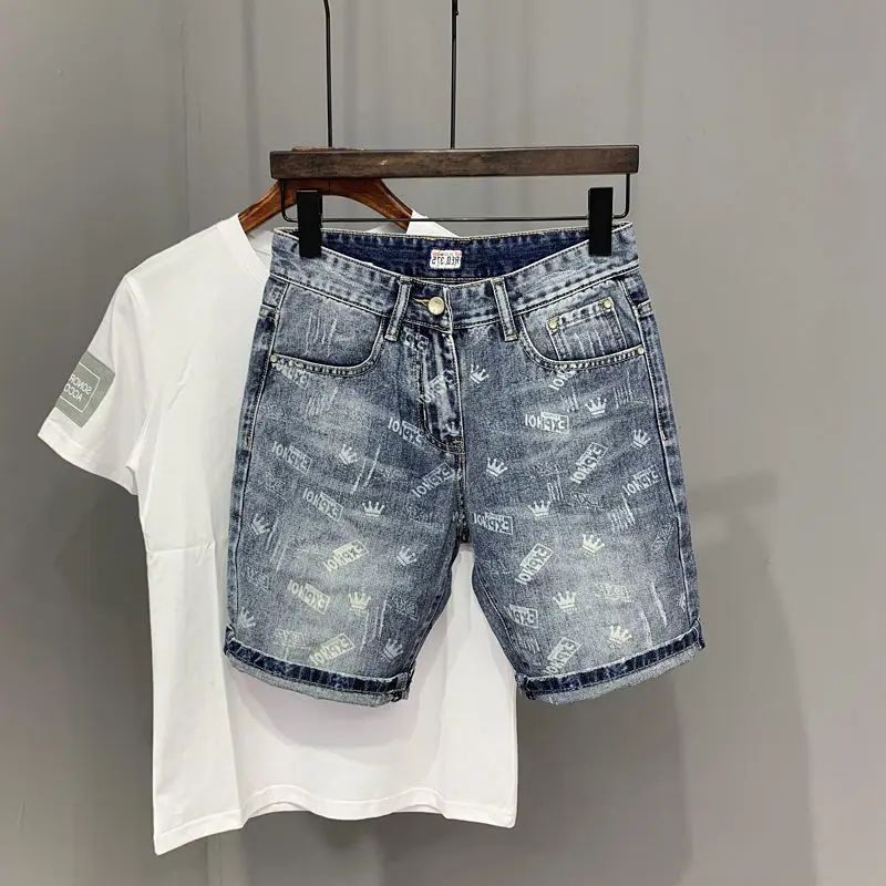 22 Year Denim Shorts Men's Summer Korean Style Printed Korean Style Casual Pants
