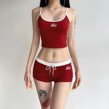 Y2K Women Summer Outfits Set Embroidery Letters Contrast Color Sexy Slim Backless Camisole Tops+Drawstring Elastic Waist Shorts 1