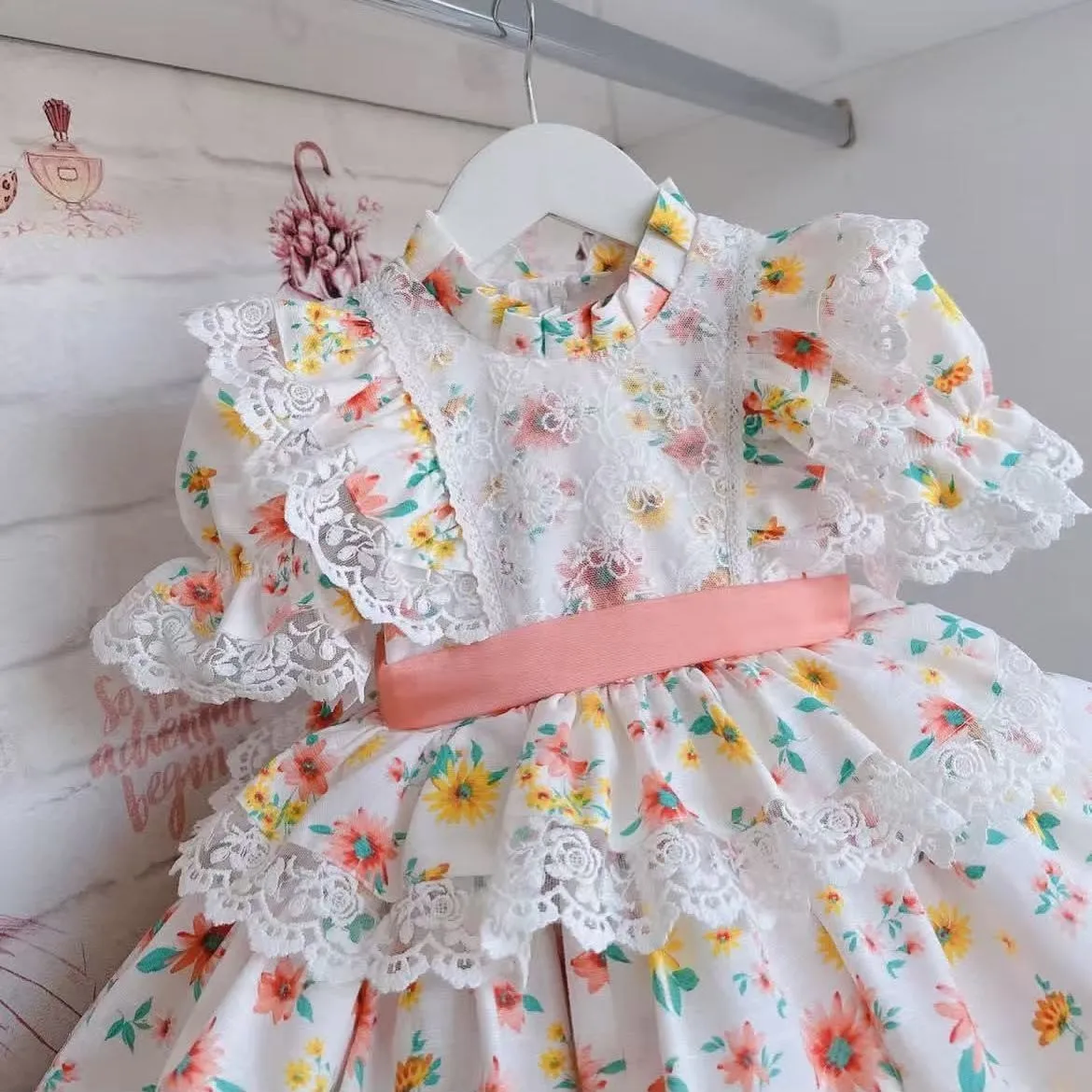 0-12Y طفلة الصيف الوردي سوان التطريز خمر الأميرة ا...