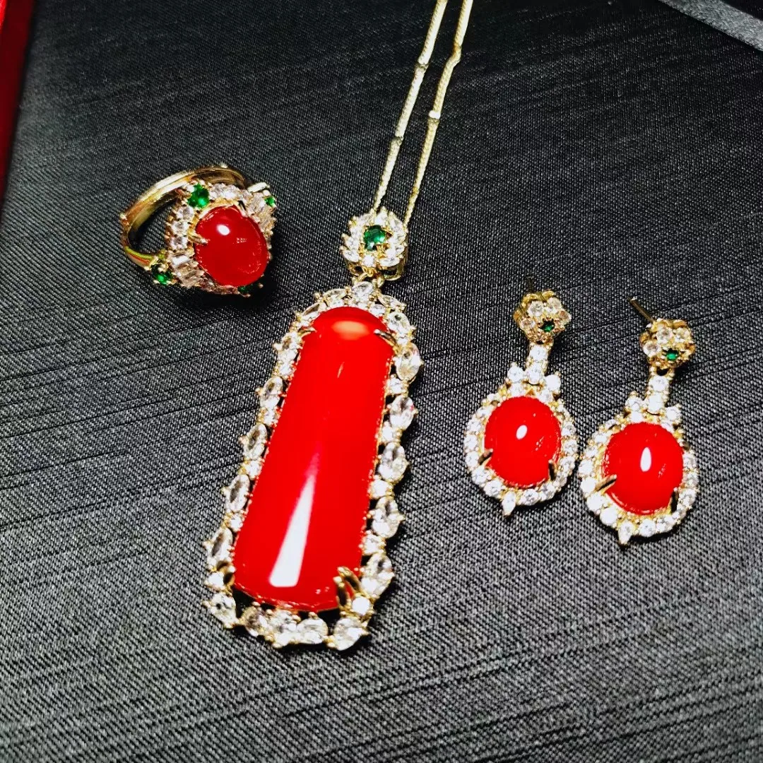 

Natural Red Jade Cylindrical Pendan Necklace With Zircon Emerald Carnelian Dangle Earrings And Rings Women Jades Jewellery Sets