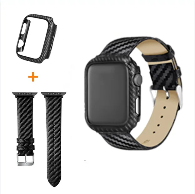 Ремешок и протектор из натуральной кожи с узором углеродного волокна для Apple Watch