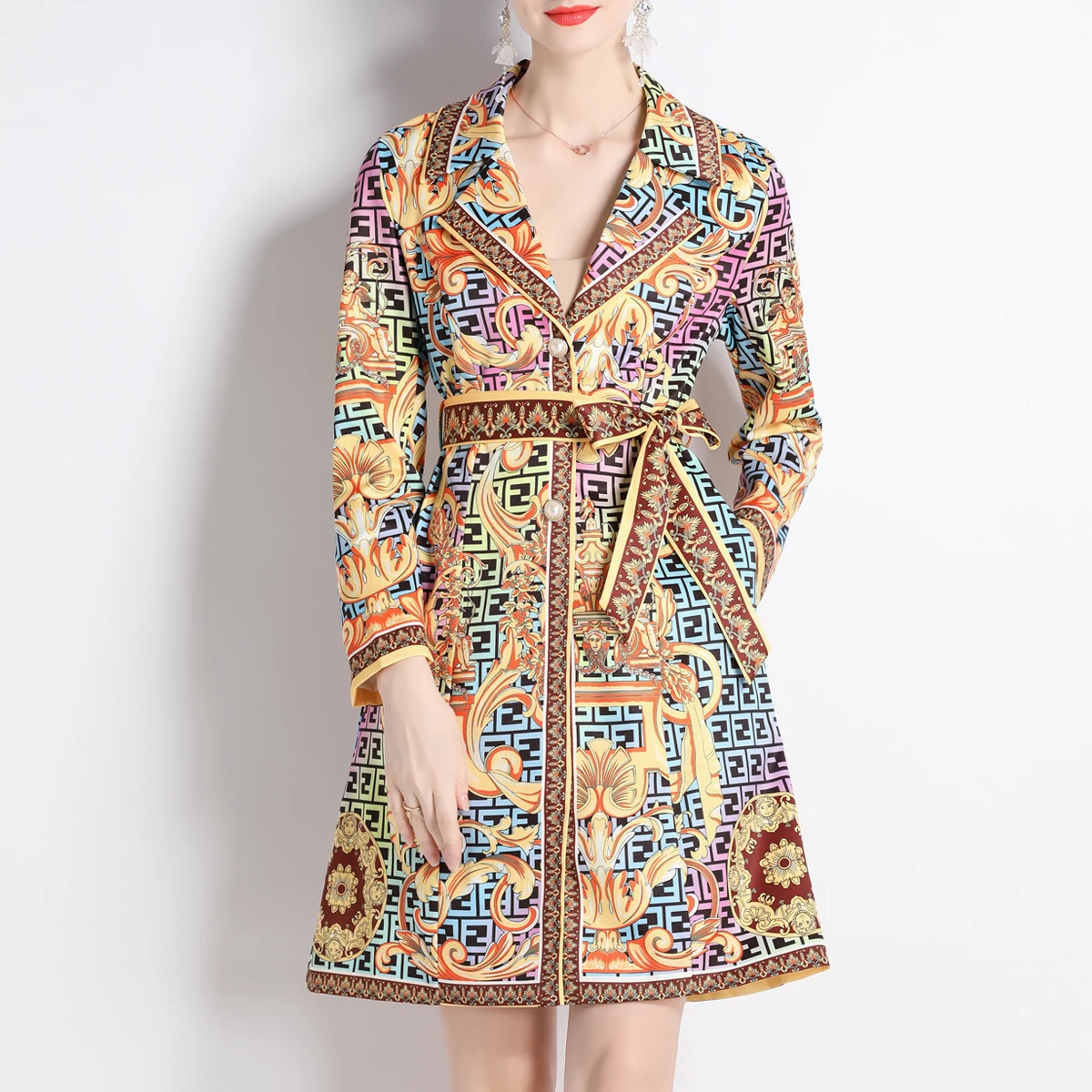 

Blazers Women Print Outwear Loose Elegant Retro Autumn Fashion High Street Long Blazer Mini Dress All-match Spring Comfortable