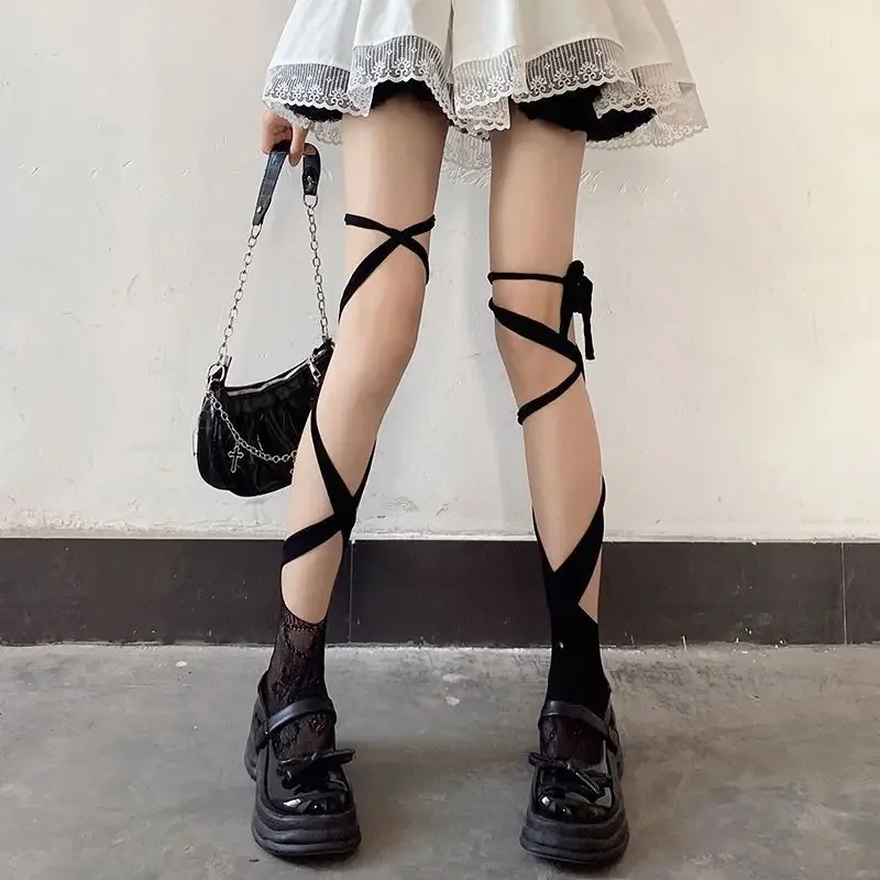 Women's Jk Tie Lace Fishnet Stockings Irregular Split-toe Calf Socks Middle Tube Socks Straps Summer Sexy Long Japanese Socks