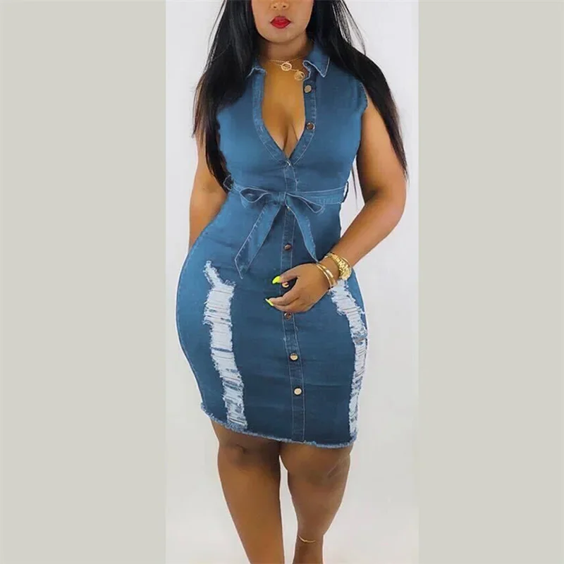 Fashion High Waist Lace-up Denim Dresses Women Lapel Sleeveless Slim Fit  Dress Casual Single-breasted Cardigan Female Frock 2024 - AliExpress  200000345