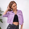 Women Jean Jacket Cropped Denim Jackets Yellow Purple White Blue Pink Stretchy 3/4 Puff Sleeve Distressed Shacket With Pockets