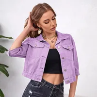 Women Jean Jacket Cropped Denim Jackets Yellow Purple White Blue Pink Stretchy 3/4 Puff Sleeve Distressed Shacket With Pockets