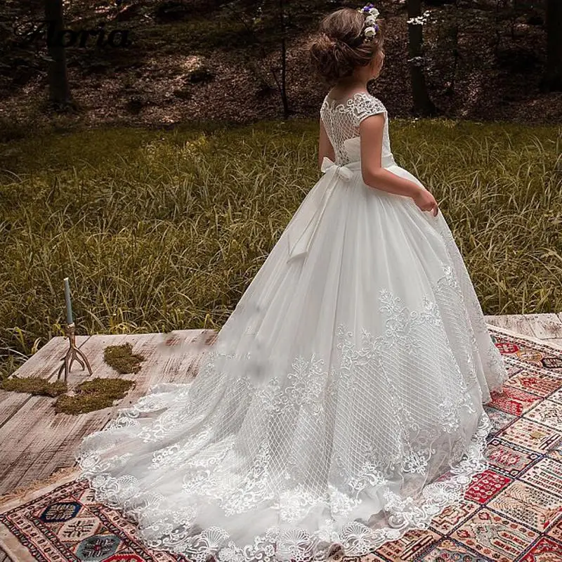 

Lace Flower Girl Dresses For Wedding Tulle Puffy Applique Beading Sleeveless Kids Birthday Party First Communion Ball Gowns Wear