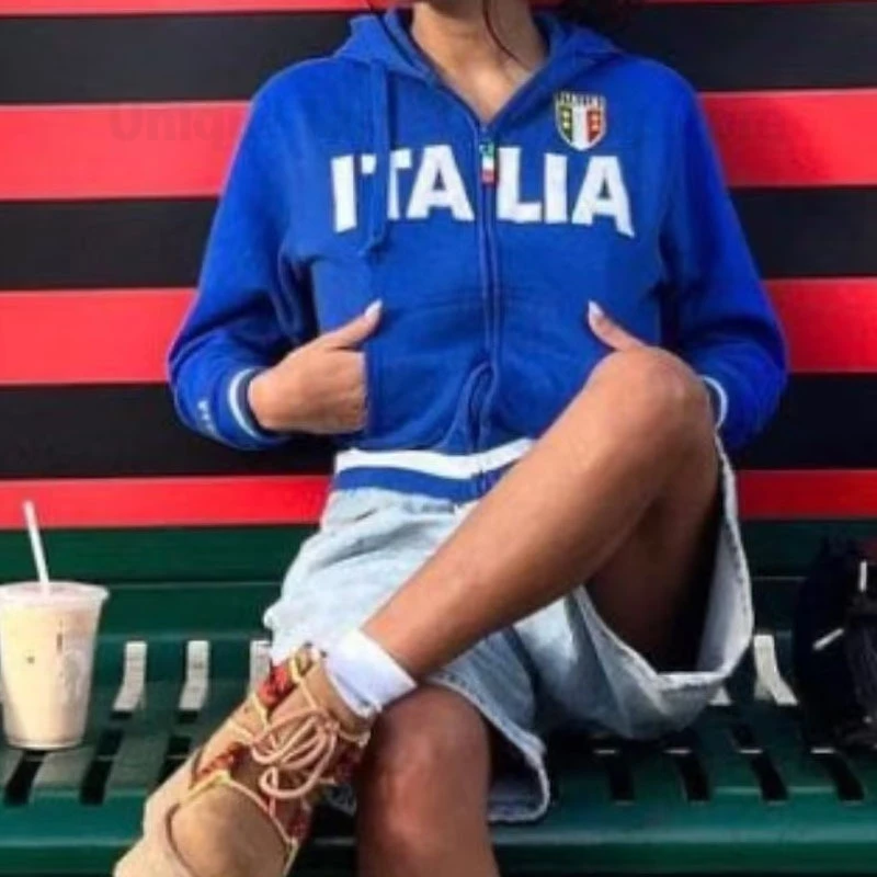 Y2K Estetica Vintage Slim Felpe Ricamo Modello grafico Zip Up Felpe con