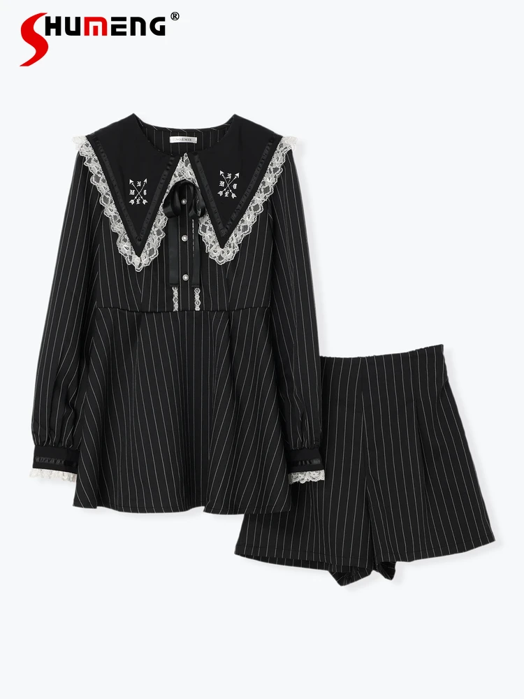 Japanese Style Lolita Sweet Two Piece Dress Sets Mine Triangle Sailor Collar Embroidered Lace Long Sleeve Dress and Shorts Suit