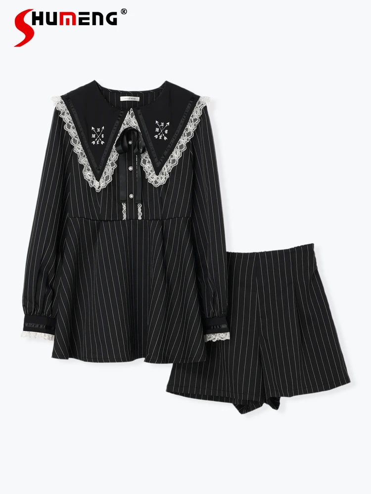 

Japanese Style Lolita Sweet Two Piece Dress Sets Mine Triangle Sailor Collar Embroidered Lace Long Sleeve Dress and Shorts Suit