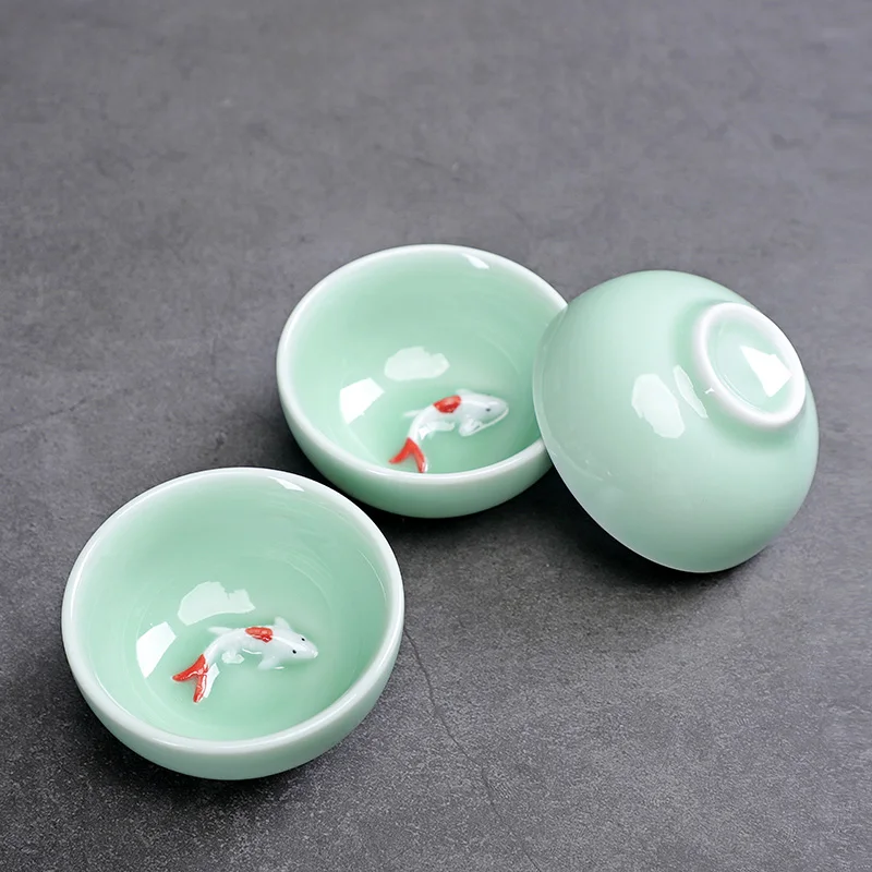 Celadon Fish Cute Teacup, Chinese Kungfu Tea Cup, Home Office, 3Pcs Set
