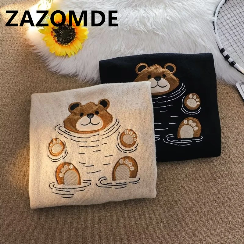ZAZOMDE Knitted Sweater Men Cartoon Bear Pullover Harajuku Casual O-neck Oversize Top Streetwear Unisex Daily Sweater Jumper