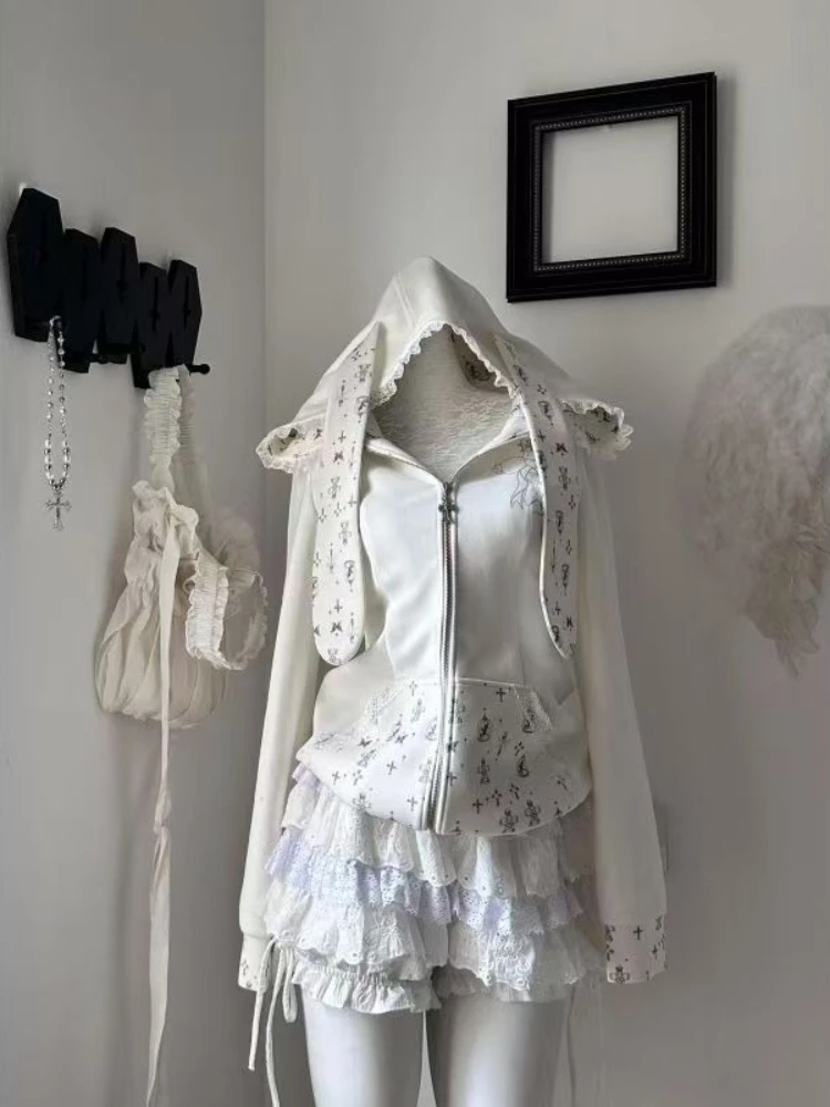 Japanese Sweet Kawaii 2 Piece Set Women Lovely Rabbit Ear Zipper Coat + Lace Cake Fluffy Skirt Autumn Fashion Harajuku Outfits