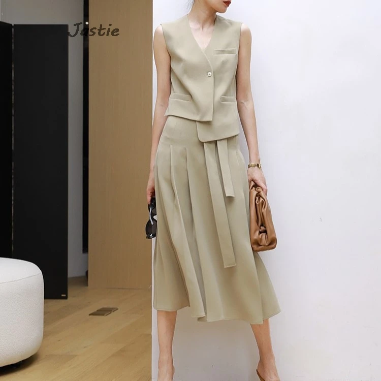 fashion-irregular-vest-midi-skirts-sets-v-neck-tank-high-waist-pleat-skirt-commuter-women-set-fashion-summer-dress-suit-2024