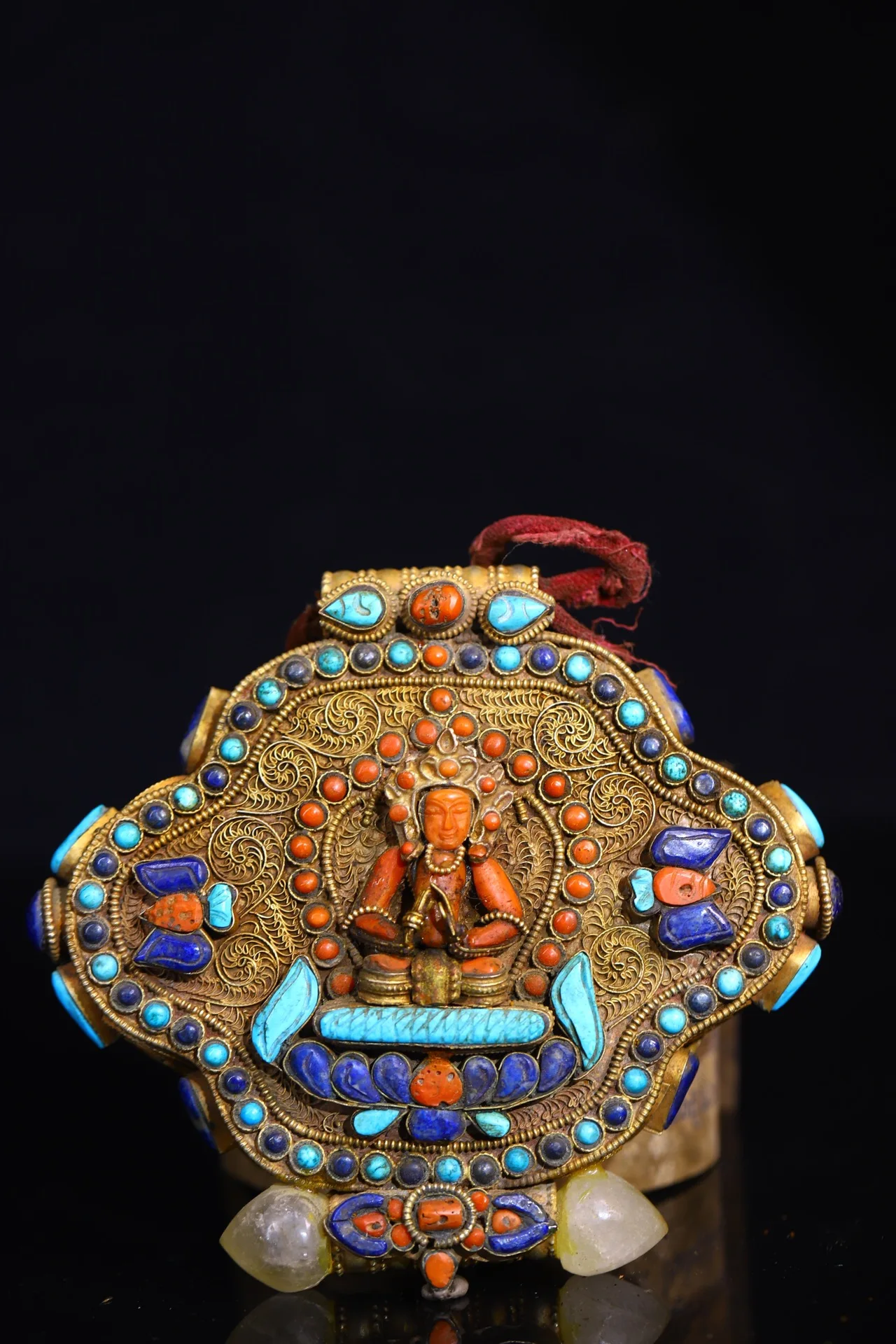 

6"Tibetan Temple Collection Old Tibetan silver mosaic Gem Red Tara green tara Gawu Box Buddhist utensils Town house Exorcism