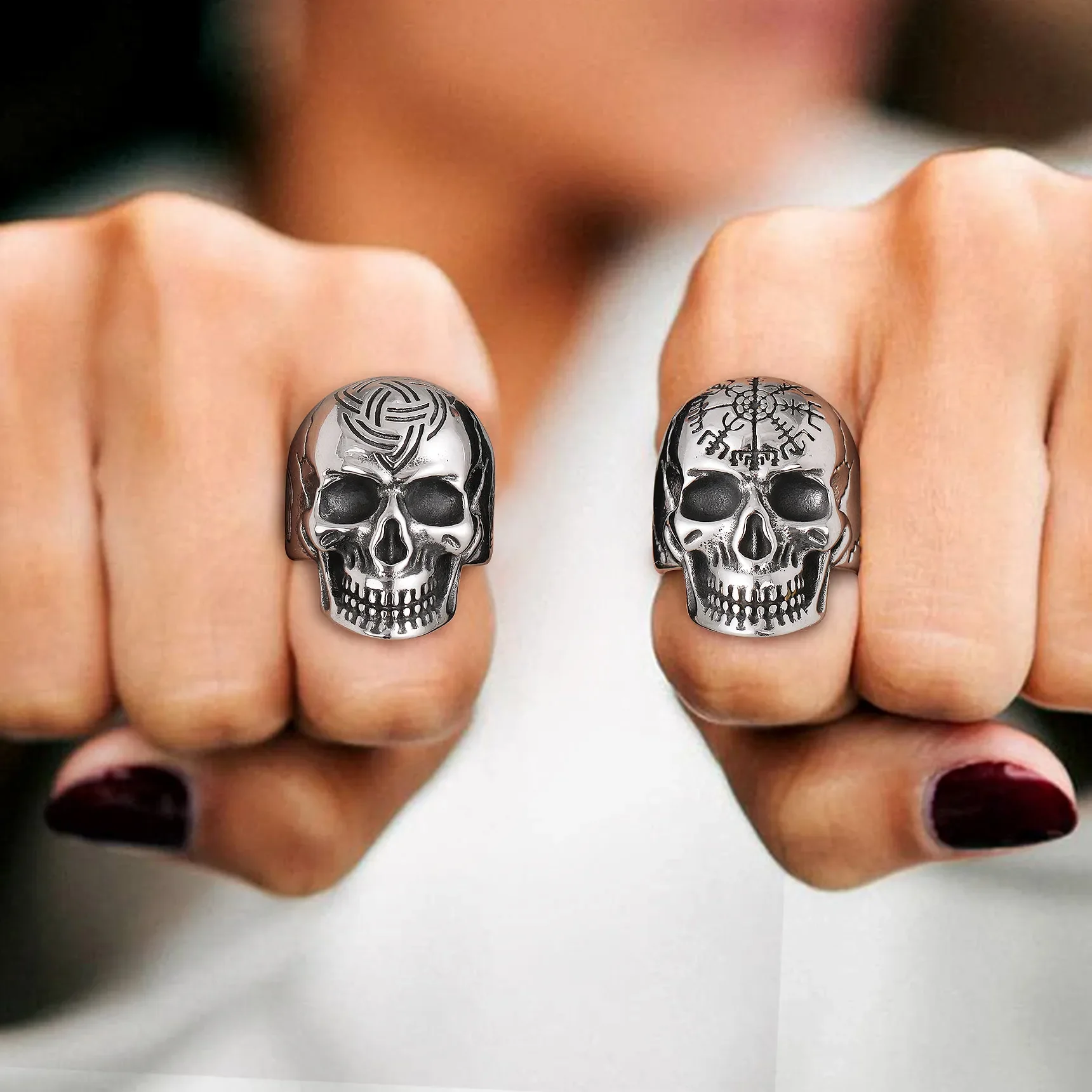 U7 Stainless Steel Big Skull Rings for Man Woman Size 7-14 Cross 3D Skeleton Cuban Chain Celtic Knot Pattern Gothic Punk Jewelry 4