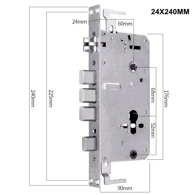 Boîte de serrure métallique avec plusieurs pênes, affichée avec ses dimensions détaillées : hauteur 240 mm, largeur 24 mm, entraxe 60 mm et autres mesures indiquées autour du mécanisme.