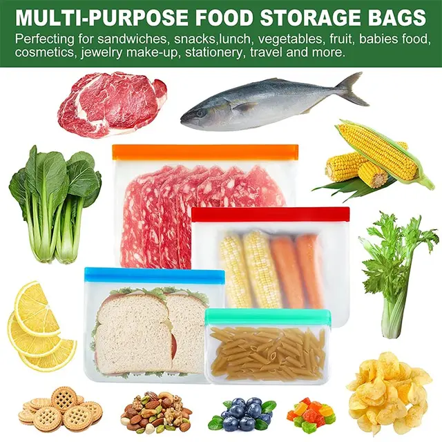 Sac alimentaire en Silicone réutilisable, congélateur, sac de stockage des aliments debout, sac PEVA, conteneurs étanches, sac frais de cuisine, sac enveloppant à fermeture éclair 6