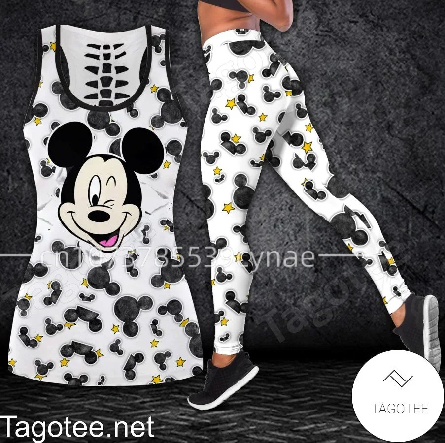 

Disney Mickey Minnie Women's Hollow Vest + Women's Leggings Yoga Suit Fitness Leggings Sports Suit Tank Top Legging Set Outfit