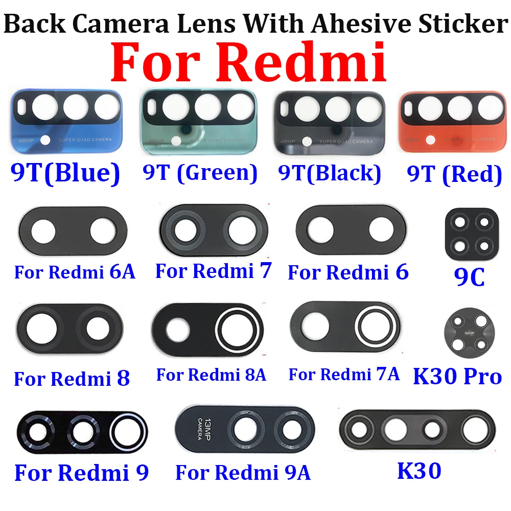 

100Pcs，Original Rear Back Camera Glass Lens Cover For Xiaomi Redmi 10C 10A 10 9T 9C 9A K30 Pro 6 6A 7 7A 8 8A 9 With Adhesive